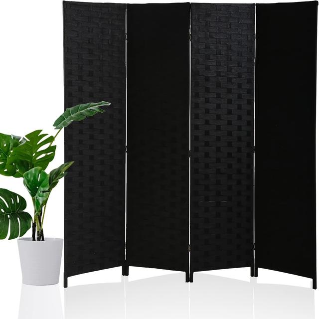 TEMU 6ft High Wooden Room Divider With 4 Panels, Featuring A Woven Mesh Design For Privacy, Ideal For Indoor Use As A Temporary Folding Partition, Suitable For Bathrooms And Offices