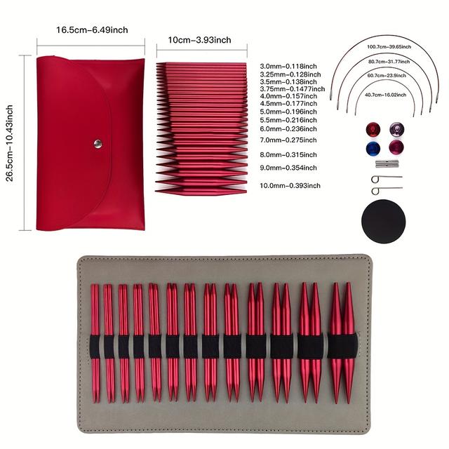 TEMU 13 Pairs/set Woven Sweater Needles With Glossy Red Aluminum Detachable Interchangeable Circular Needle Set