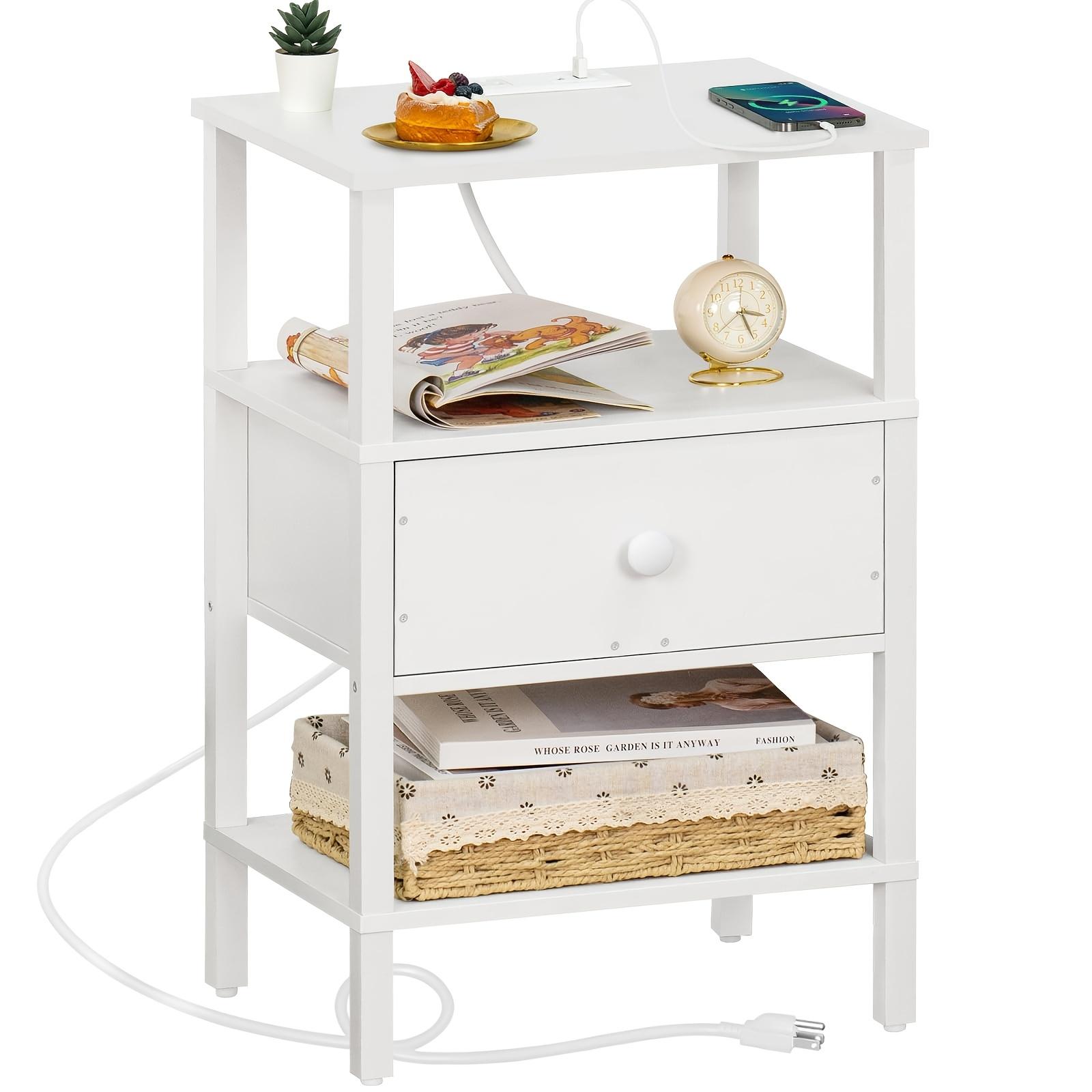 TEMU Nightstand With Charging Station And Usb Ports, 3-tier Storage End Table With Drawer Shelf, Night Stand For Small Spaces, Wood Bedside Table For Living Room, Bedroom - Elegant White