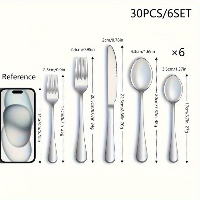 TEMU 30pcs Cutlery Collection For 6 People, High-quality Stainless Steel Utensils, Shiny End, Sturdy Kitchen Flatware Set Featuring Forks, Knives, And Spoons, Safe For Dishwasher Use