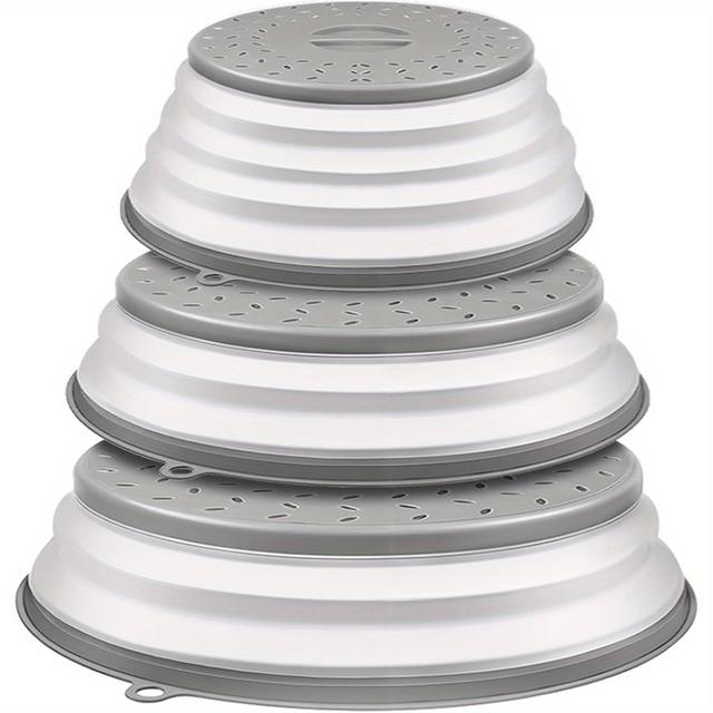 TEMU Microwave Cover Collapsible - 3 Pack Silicone Food Plate Lid Covers 21.5/ 27/ 31 Cm, Bpa Free Vented Splatter Guard Lid With Grip Handle, Kitchen Gadget With Steam Vent & Colander For Meal Prep
