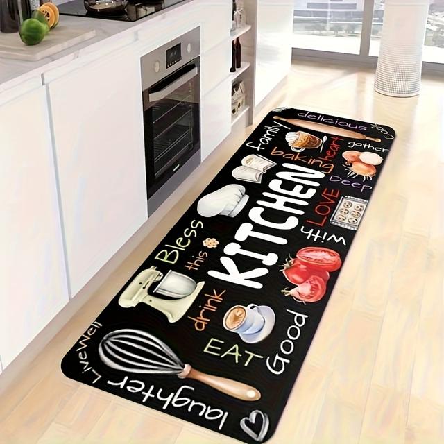 TEMU 1pc Thick 1.1cm Kitchen Floor Mat With Kitchen Utensil Pattern Print, Thickened Polyester Fiber Mat For Kitchen, Living Room, Porch, Balcony And Home Decoration