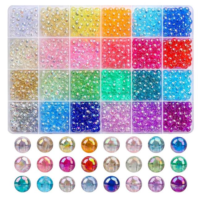 TEMU 6mm(1200pcs) 8mm(480pcs) Transparent Ab Acrylic Round Plastic Bubble Gum Beads, 24 Random Colors Assorted With Hole, Boho Style, For Bracelets Necklace Jewelry Making Diy Crafts