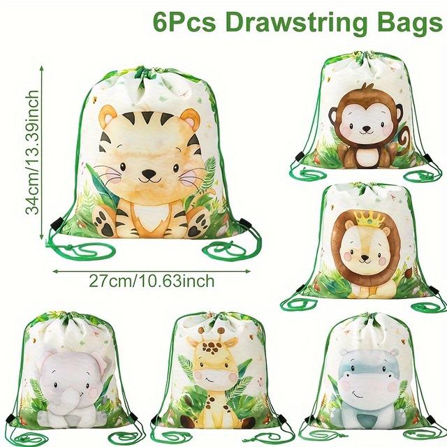 TEMU 6pcs,jungle Animals Large Drawstring Bags,happy Birthday Party Gifts Bag,green Leaves 1st Birthday Suppliespacking Bags