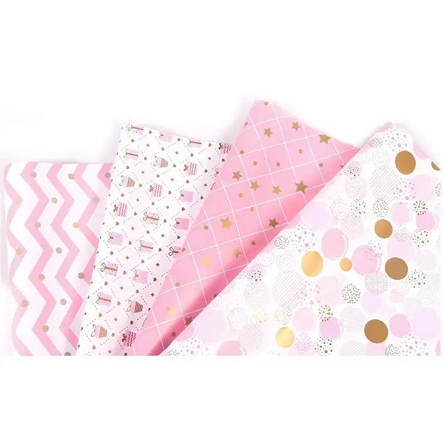 TEMU 4 Rollen Gouden Marmer Inpakpapier met Harten, Sterren, Ballonnen voor Verjaardag, Shower, Trouwfeest - Rollen 50,8x71,12 cm