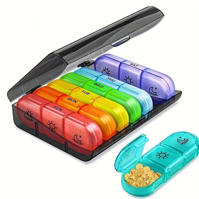 TEMU 7denní velkokapacitní organizér na léky se dvěma malými přihrádkami, vyrobený z PP materiálu, s jemným zakřiveným designem pro pohodlnější úchop a snadnější přístup, ideální na a kempování