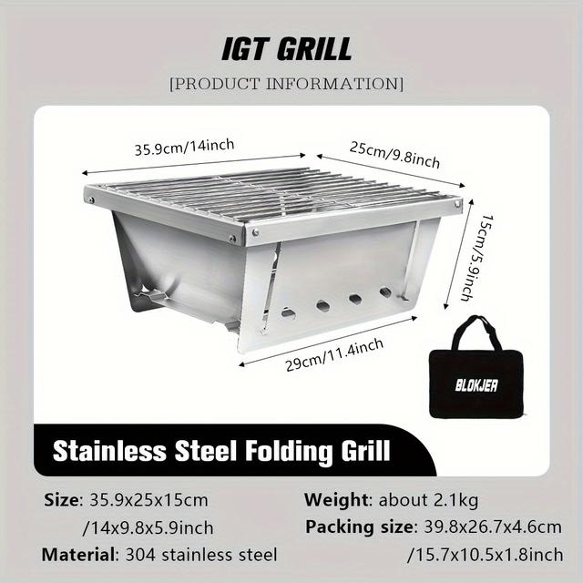 TEMU IGT موقد شواء خارجي قابل للطي، من الفولاذ المقاوم للصدأ 304، لمسة نهائية مصقولة، نمط التخييم، بدون قضيب/مصباح مغنيسي، لطاولات التخييم IGT، موقد شواء خارجي
