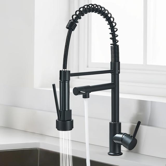 TEMU Grifo para fregadero de cocina, diseño contemporáneo con rociador extraíble, de de un solo manijilla, grifo negro de un solo orificio con giro y dos boquillas