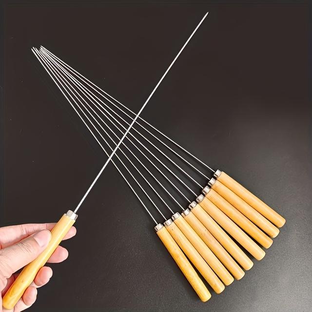 TEMU 10pcs Stainless Steel Skewers, Multi-functional Metal Bbq Skewers With Wooden Handles, Stainless Steel Grilling Skewer Sticks For Outdoor Cooking And Barbecue Supplies