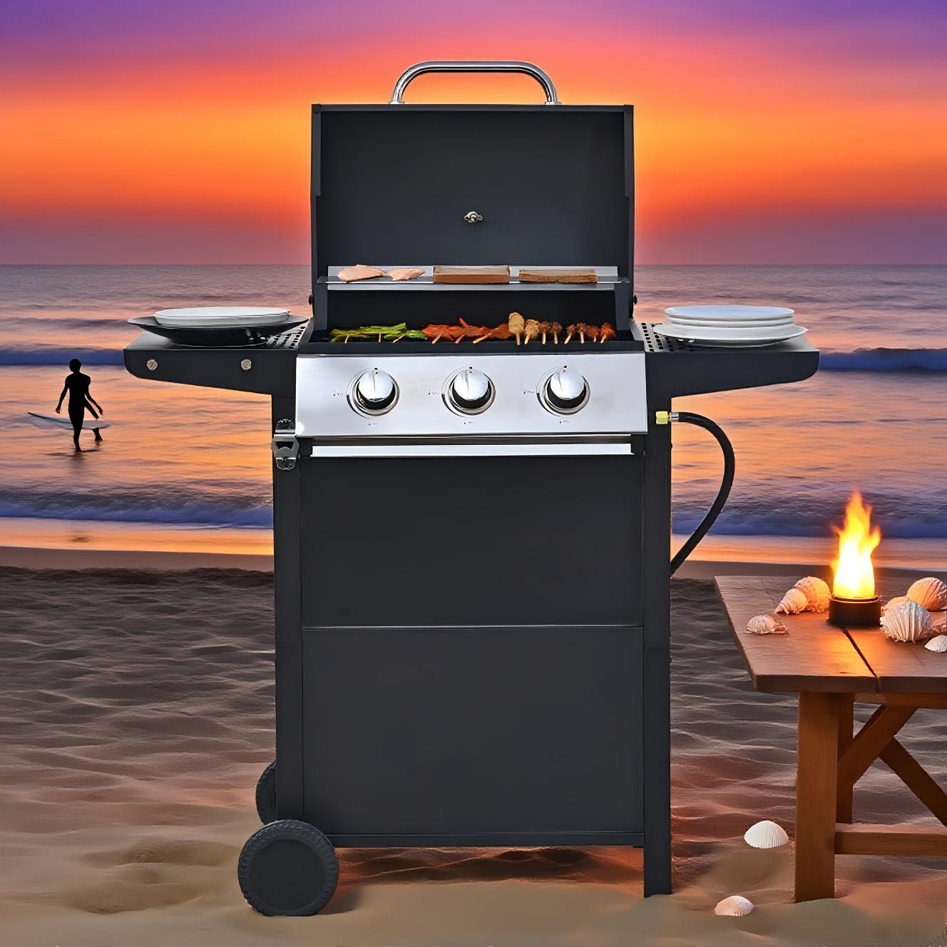 TEMU Propane Gas Grill 3 Burner Barbecue Grill, Stainless Steel 26, 000 Btu Patio Garden Barbecue Grill With 2 Side Shelves