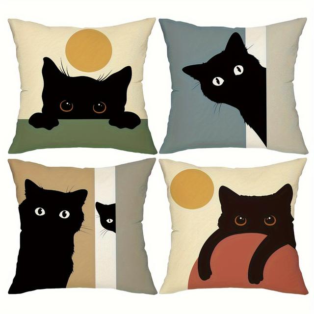 TEMU 4pcs Whimsycat Decorative Throw Pillow Covers, 18x18 Inch, Blend, Zippered, Machine Washable - Contemporary Style, Cases For Sofa, Couch, Bed, Car, Decorative Pillows