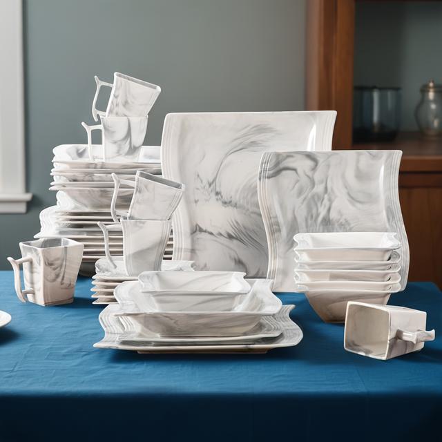 TEMU 36-teiliges Porzellan Geschirr Set in Marmorgrau, bestehend aus Teller, Dessertteller, Suppenteller, Flockenschüsseln, Tassen und Untertassen für sechs Personen
