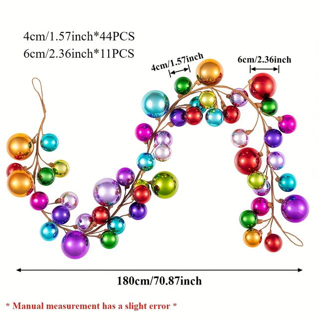 TEMU 6ft Colorful Ornament Garland With 55 Shatterproof Balls, Christmas Ball Vine Decoration For Tree, Fireplace, Door, Party, Wedding, Birthday & Decor