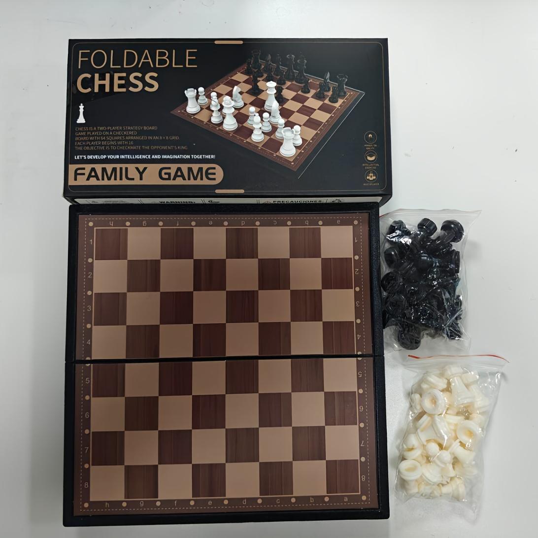 TEMU Professional Folding Chess Set With Plastic Pieces And 2pcs Spare Pawns - Premium Gift Box, Travel-friendly Portable Table Game For Checkers And Chess Strategy