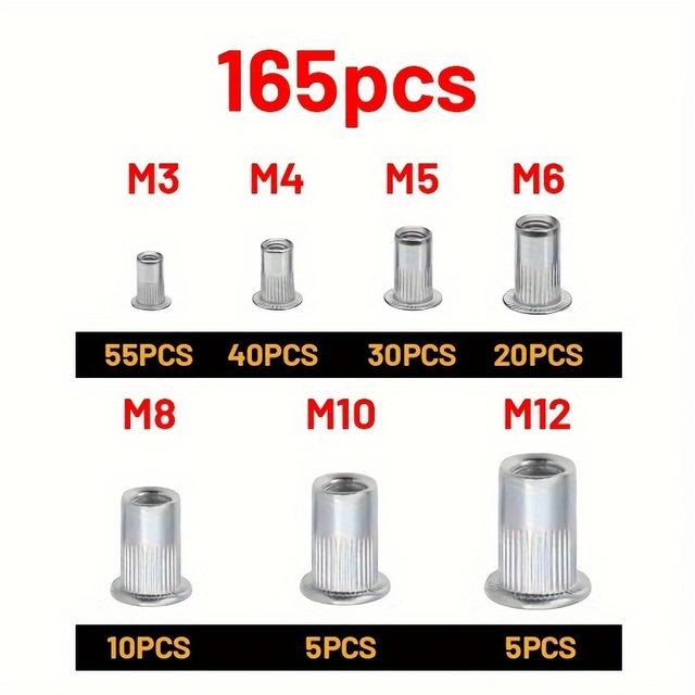 TEMU 165pcs Aluminum Rivet Nut Kit - M3 To M12 , , Part-threaded - Inserts For Metal, Automotive & Furniture, Non-corrosive