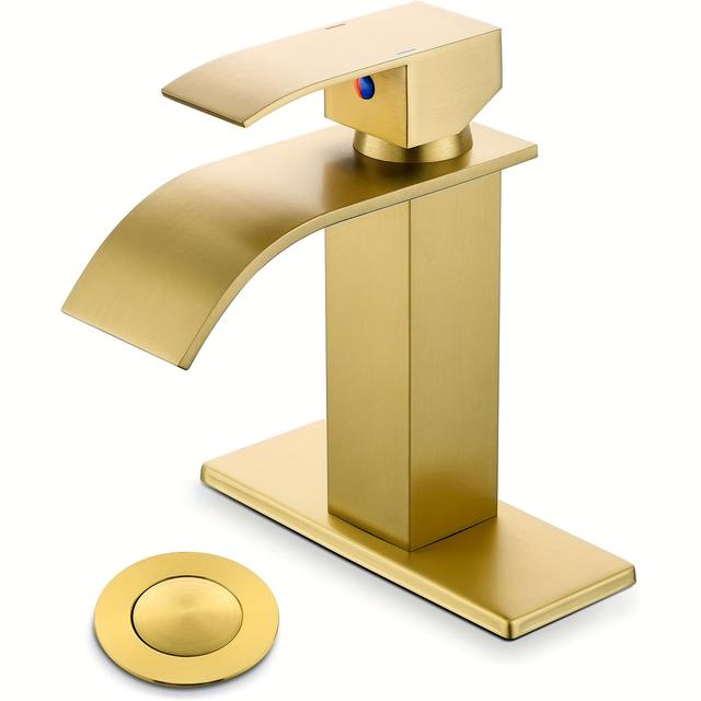 TEMU Bathroom Faucet Bathroom Taps 1 Or 3 Hole Bathroom Sink Faucet Single Handle Washroom Waterfall Faucet With Deck And Pop-up Drain (brushed Golden, Short)