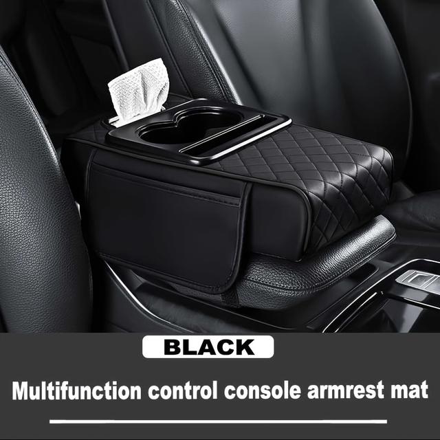 TEMU 1 Car Armrest Pad | A Multifunctional Console Mat With Cup Holder, Tissue Box, And Side Storage Pockets - Quilted Design, Durable Car Accessory, Black With Red Accents, Car Mat