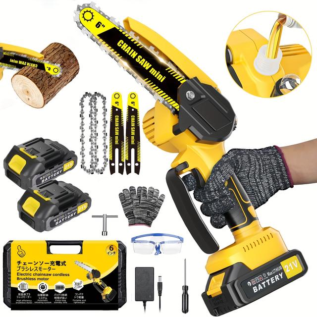 TEMU 1セット ポータブルコードレスミニチェーンソー 6インチチェーン付き、2000mAh 21V充電式リチウムバッテリー2個付属 ハンドヘルド電動チェーンソー 木材切断・庭園用 父の日・夫への最高のギフト
