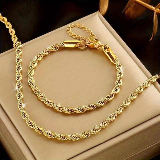 TEMU 2pcs 18k Golden Plated Plated Twisted Rope Necklace & Bracelet Set, Vintage And Minimalist Style, Unisex For Daily Wear, Suitable For Gifting