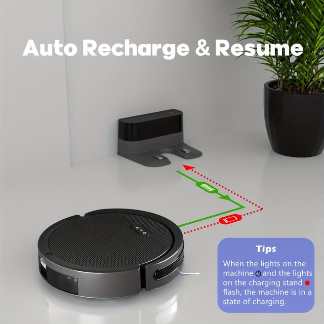 TEMU Robot Vacuum And Mop Combo, Works With 2.4g Wifi, /app/remote Control, Self-charging, For Pet Hair, Hard Floor, Low Carpet, Black