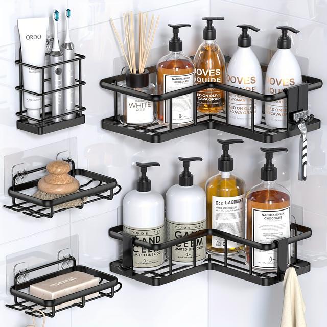 TEMU Corner Shower Caddy, 5-pack Shower Organizer Corner With Soap Holder And 4 Removable Hooks, Rustproof Corner Shower Shelves, No Drilling Shower Shelf For Inside Shower, Black