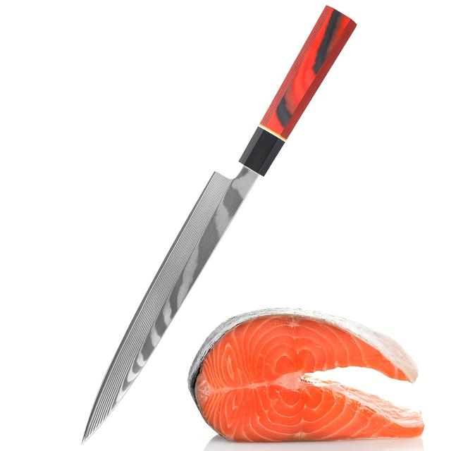TEMU 刺身包丁 柳刃 240mm 片刃 研磨済みダマスカス鋼 八角形赤色木製ハンドル 寿司包丁 刺身包丁 お手入れ簡単