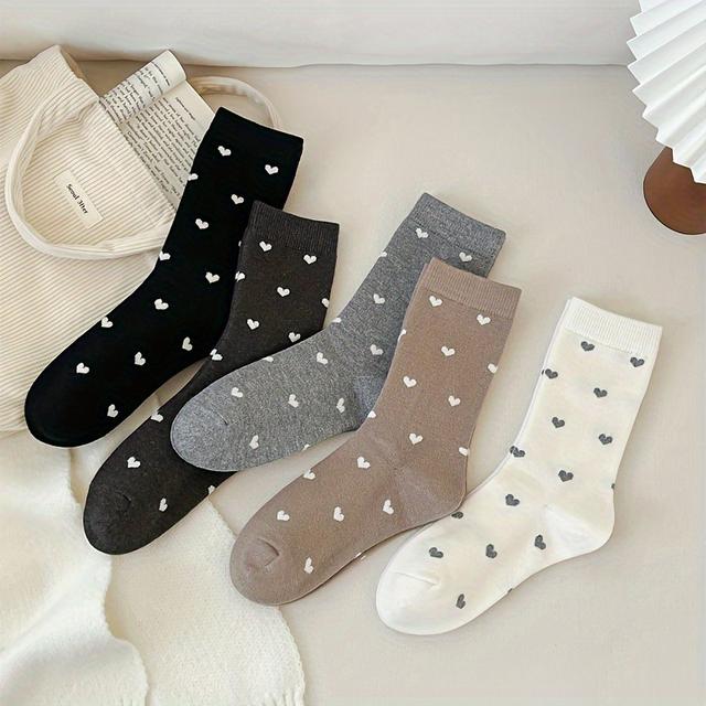 TEMU 5 Pairs Of Black And White Heart Pattern Mid-calf Socks For Women, Autumn-winter Korean Style Breathable Sweat-absorbent Layered Fashion Long Stockings