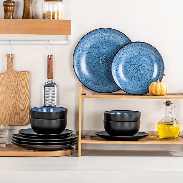 TEMU Teller- Schüssel-Sets – 12-teiliges Geschirrset für 4 Personen, Steingut-Geschirrset mit reaktiver , mikrowellen-, spülmaschinen- ofengeeignet (Blau)
