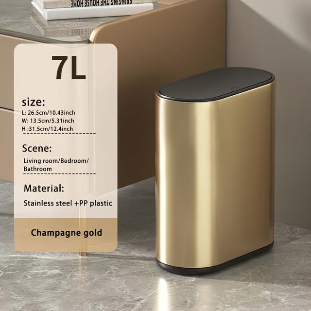 TEMU سلة مهملات بيضاوية 7 لتر/1.85 جالون، من الفولاذ المقاوم للصدأ، مناسبة للحمام، غرفة النوم، المرحاض، سلة نفايات أنيقة مزدوجة الطبقات
