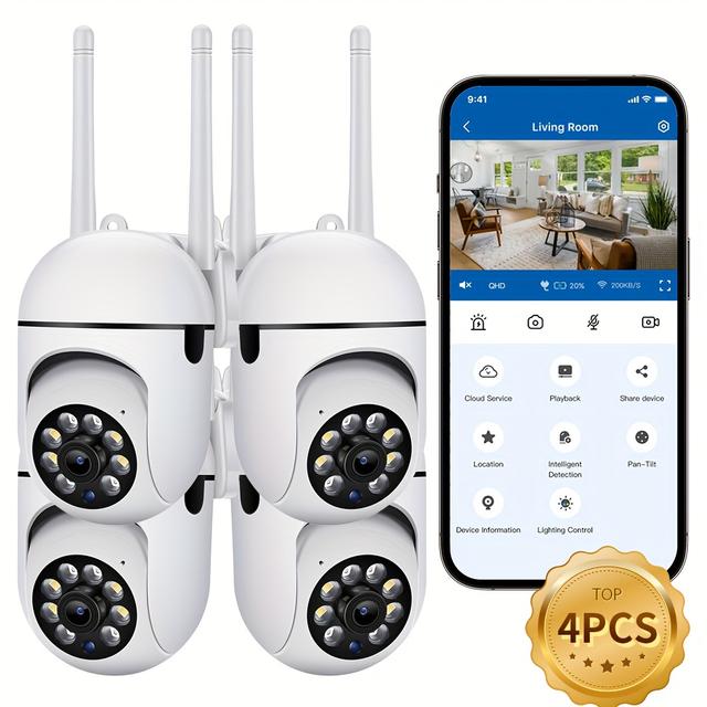 TEMU 4pcs Wifi Security Cameras 3mp Home Surveillance, With 360° Panoramic View, Pir Motion Detection, Color Night Vision, Audio, Ptz Control, Indoor Use, App Control, , Living Room Camera