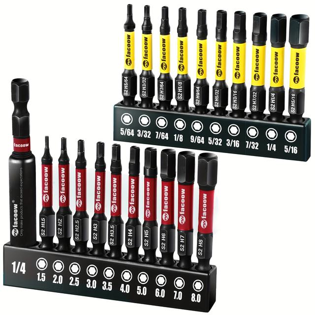 TEMU 20+1pc (metric&sae) Hex Bit Set, S2 Alloy Steel Allen Wrench Drill Bit Set With Magnetic Tips, 1/4 Hex-shank 2" Impact Allen Key Bits Set With 2.3" Hex Extension, Precision Cnc Machining