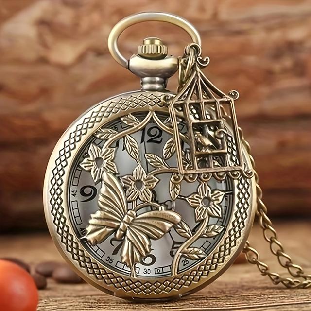 TEMU Vintage Bronze Taschenuhr mit aufwendigem Schmetterlings- & Blumen-Ausschnitt-Design - Nicht wasserdicht, Legierungsgehäuse, Rundes Zifferblatt - Ideales Geschenk für Paare, Familie & Freunde