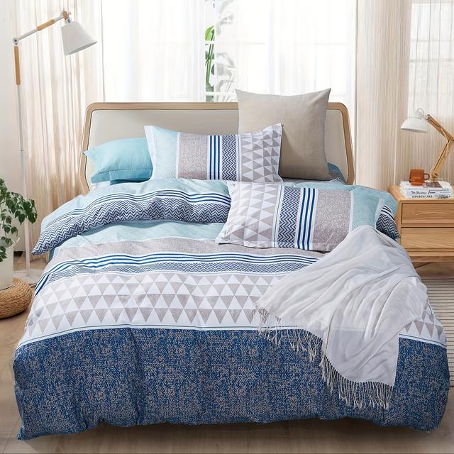 TEMU 3pcs Bedding Set In - Striped & Geometric Patterns - Includes 1 Quilt Cover & 2 Pillowcases - Queen/king/super King Sizes - , Shrink-resistant Polyester With Zip Closure - Machine Washable