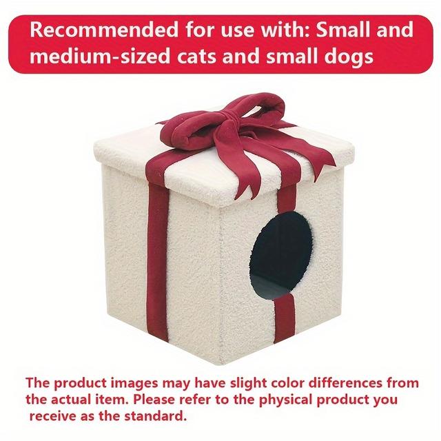 TEMU White Gift Box Cat Bed, Non-powered Enclosed Foldable Pet House With Mat Villa Christmas Kitten Cottage