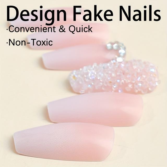 TEMU 24pcs Long Coffin Shape Ballet Mini Rhinestone Gradient Nail Strips With And 1pc Of Jelly Glue