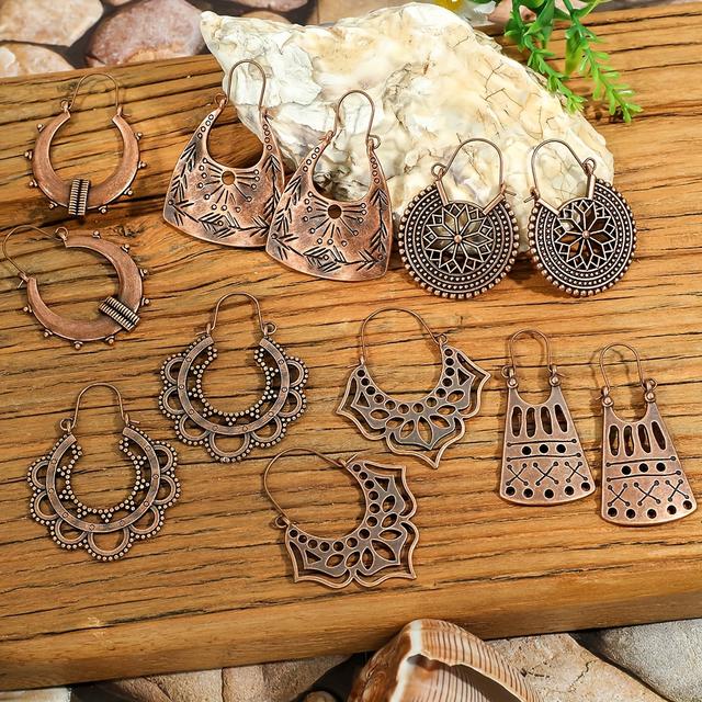 TEMU 6 Pairs Vintage Copper-tone Geometric Men's Earrings Set, Alloy With Iron Posts, Fashion Jewelry Accessory
