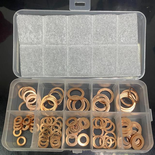 TEMU 100pcs Copper Washer Gasket Nut And Bolt Set Flat Assortment Kit With Box /m5/m6//m8/m10/m12/m14 For Sump Plugs