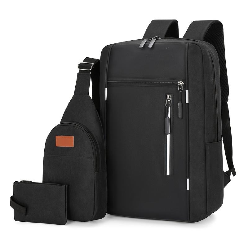 TEMU Three-piece Men's Backpack Set, Including A Backpack, Chest Bag, And Coin Purse, Suitable For Back-to-school, Travel, Business, And Casual Use, Offering Convenience And Large Capacity