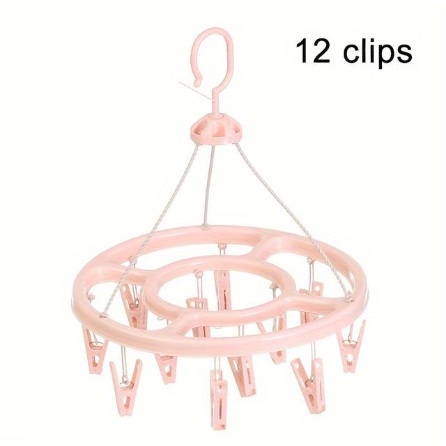 TEMU 1pc Round Clothes Drying Rack, 12 Clips Plastic 360-degree Windproof Hanging Lingerie & Socks Laundry Hanger, Multifunctional Clothing Organizer For Closet Organization