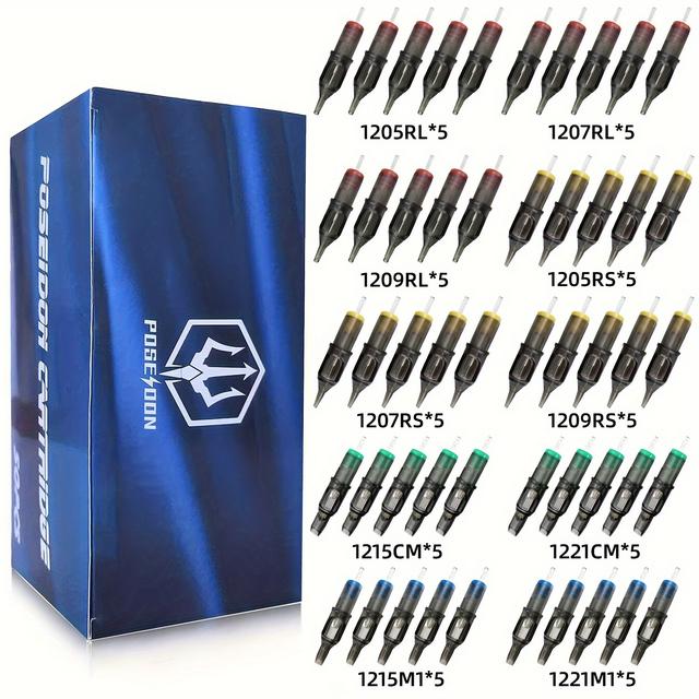 TEMU Poseidon V2 MIX Tattoo Cartridge Nadeln, 50er Pack mit einer Vielzahl an Größen, inklusive Round Liners, Shaders und Curved/Round Magnums wie 5RL, 7RL, 9RL, 5RS, 7RS, 9RS, 15CM, , 15M1