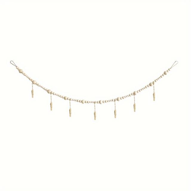 TEMU Wall Hanging Photo Display With Wooden Beads Garland, 47.24" Collage Picture Frame Boho Wall Decoration Photo Holder With 7 Wood Clips For Rustic Home Decor