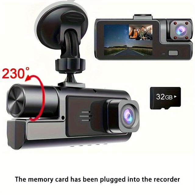 TEMU 3 csatornás autós kamera, nagy felbontású 1080P felvétel, 170° széles látószög, éjjellátó, kompakt autós kamera, 24 órás parkolásfigyelés, ciklikus felvétel, G-szenzor, tartalmaz 32GB SD kártyát