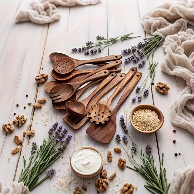 TEMU Cucharas de Madera para Cocinar, Juego de 10 Piezas de Utensilios de Cocina de Acacia Natural, Superficie para Sartenes Antiadherentes, Cubiertos Duraderos