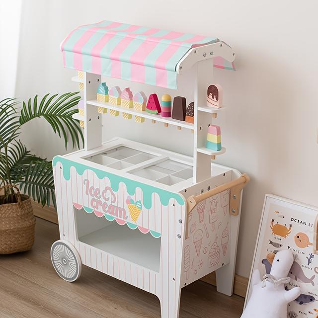 TEMU Wooden Children's Role-playing Ice Cream Stand Simulation Toy Cart