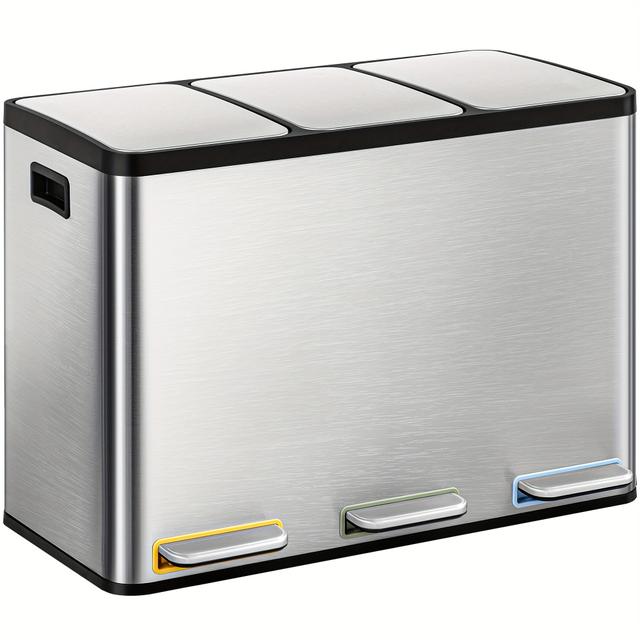 TEMU Küchenmülleimer, Abfalltrennungssystem 3 Fächer 45L (3 x 15L), Edelstahl Mülleimer mit Farbigen Pedalen, Leiser Schwerfalle-Mülleimer, Silber