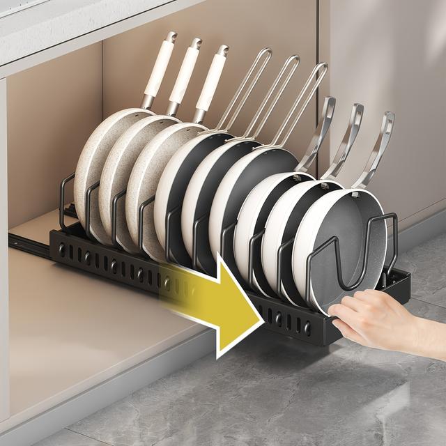 TEMU Vylepšený organizér do skříně pro hrnce, pánve a náčiní, výsuvný organizér na poklice do skříní, nastavitelnými přepážkami, s délkou 52 cm
