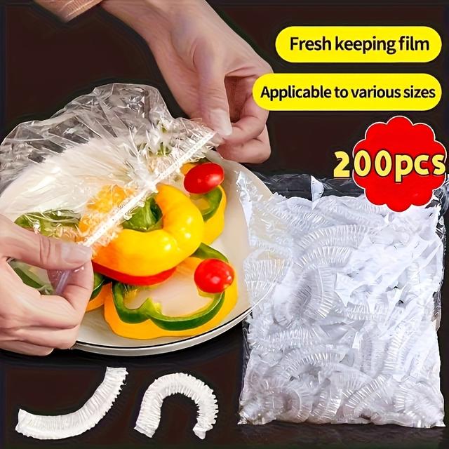 TEMU 200pcs Reusable Elastic Food Storage Covers - Transparent Stretchable Plastic Bowl And Plate Seals, Suitable For Kitchen And Dining