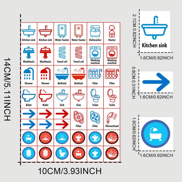 TEMU 45 db Csőmatrica Készlet, Meleg és Hideg Víz Biztonsági Emlékeztető Címkék, Könnyen Azonosítható Csőirány, Kényelmes Családi Működtetéshez és Kezeléshez