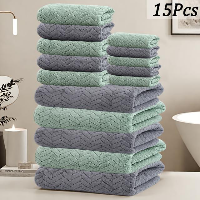 TEMU 15pcs Bath Towel Set, Wheat Ear Pattern, Microfiber Material, Soft And Comfortable, Absorption, Family Set, Suitable For Bathroom Shower, Hotel, Sauna, Optional, Wash Cloths