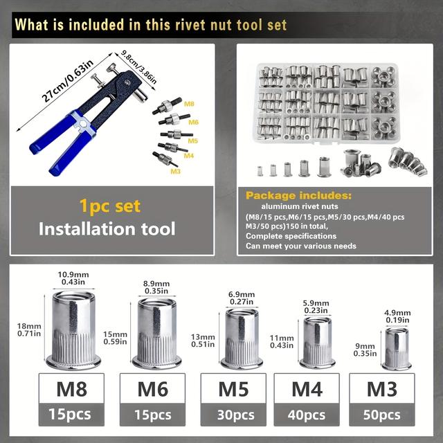 TEMU Pressure Rivet Nut Tool Kit, 150pcs Metric Rivet Nut Combination (m8/m6/m5/m4/m3), Suitable For Furniture, Decoration, Automotive, Marine And Industrial Applications